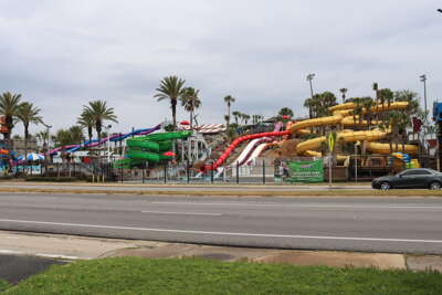 Palm trees line the street in front of a vibrant water park in...