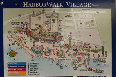 A map of Harborwalk Village in Destin, FL detailing various...