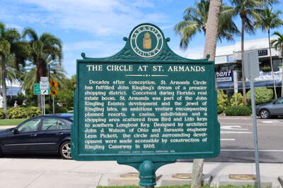 A historical sign at The Circle in St. Armands stands in a...