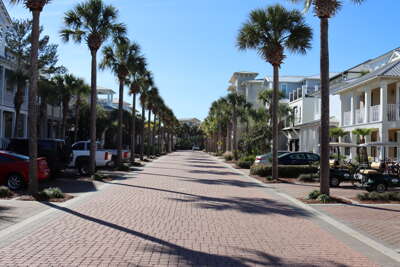 A row of white buildings under a blue sky flanks a palm-lined...