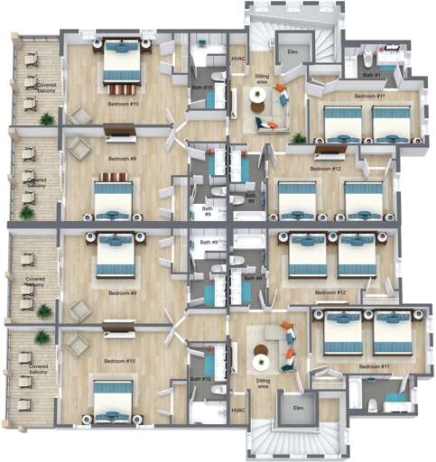 3rd Floor (Bdrm 11 has 2 sets of queen over queen bunks- sleeps up to  8).