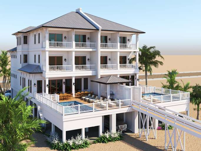 Elevated deck with two pools, lounge chairs, dining sets, and shaded grilling area overlooking the sandy beach.