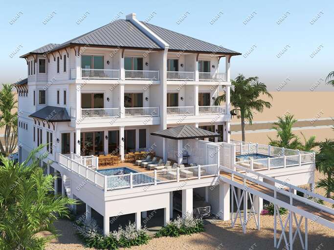 Elevated deck with two adjacent pools, lounge chairs, dining tables, and a covered cabana area.