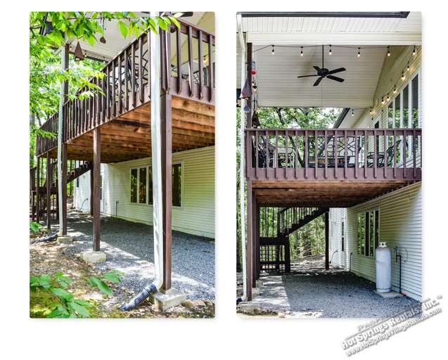 This elevated retreat features a spacious covered deck with a ceiling fan, decorative railings, and string lights, surrounded by lush greenery for a peaceful, nature-immersed getaway.