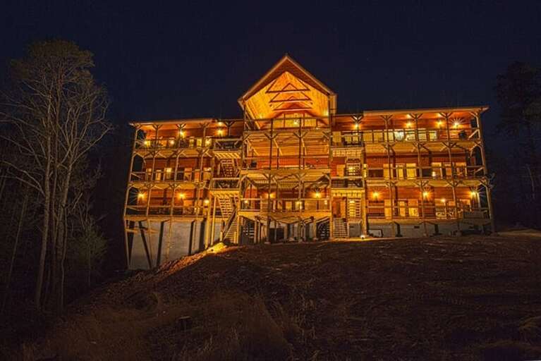 The Rear View of the Gatlinburg Mansion at Night. The Rear View of the Gatlinburg Mansion at Night.