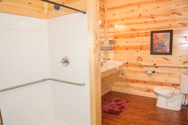 Walk-In Shower, Single Vanity Sink, and Toilet.