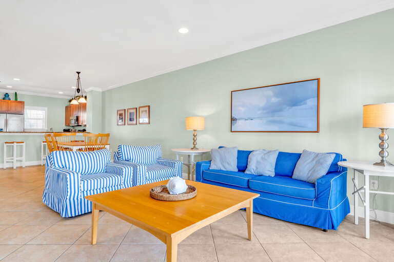 Beautiful coastal living room overlooking the canal in a high-end Marathon Florida Keys vacation home.