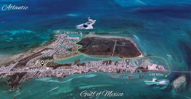 Satellite view of Marathon, showing routes to Gulf & Atlantic via boat.