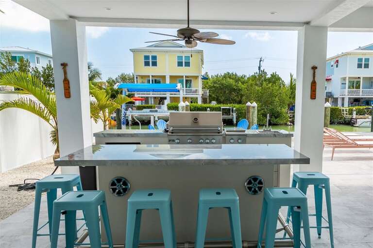 Top-of-the-line outdoor grill/kitchen/bar right at the backyard.