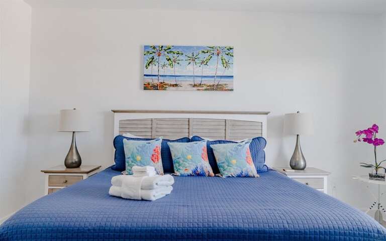 Master bedroom with king bed, ensuite bathroom, large walk-in closet, and private entrance to balcony. This is on the 2nd level.