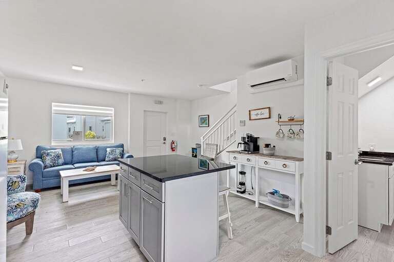 Kitchen island with two barstools.