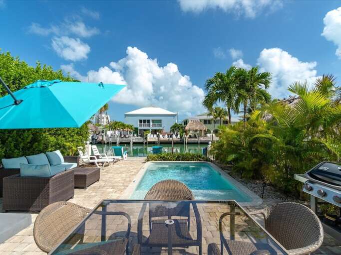 Your backyard with a pool and plenty of outdoor seating.