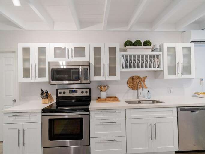 Fully stocked kitchen.