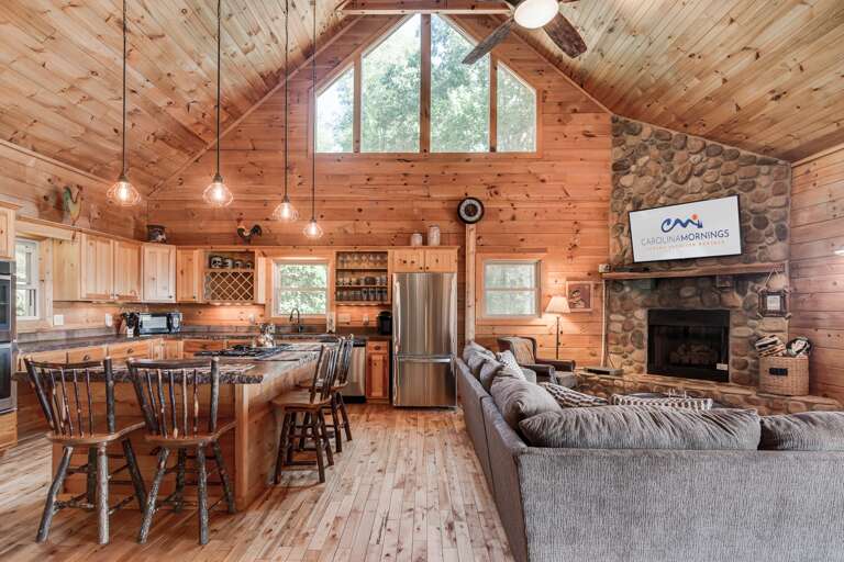 Living Area w/ Vaulted Ceiling, Gas Fireplace & Open Floorplan