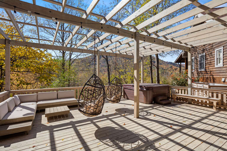 Hanging Papasan Chairs on Deck w/Hot Tub & Mountain Views Hanging Papasan Chairs on Deck w/Hot Tub & Mountain Views