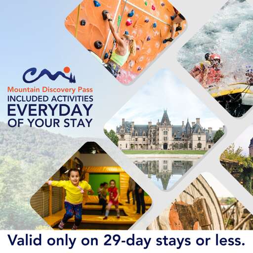 Mountain Discovery Pass signage showcasing adventure and recreation. Promotional material highlighting area activities, landmarks, and indoor play spaces available to guests during their stay.