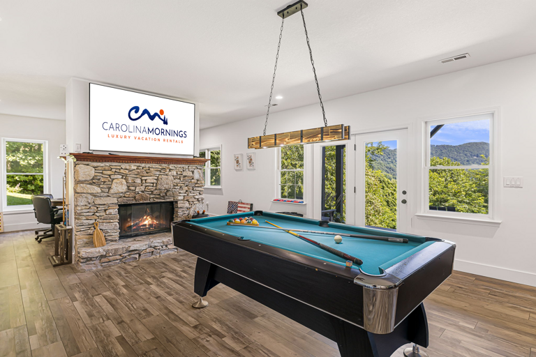 Rec Room w/ Pool Table, Smart TV, Gas Fireplace, and Hot Tub Patio Access