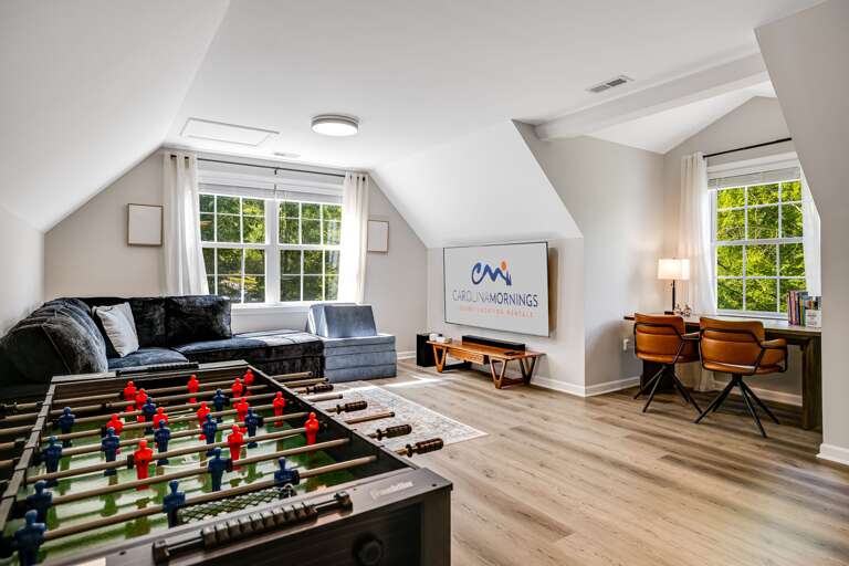Family Room w/ Smart TV, Foosball Table, and Office Space