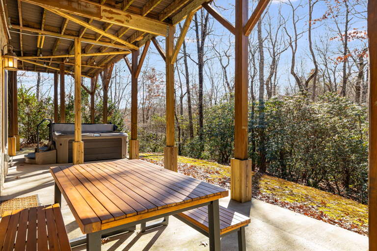 Covered Patio w/ Picnic Table and Hot Tub