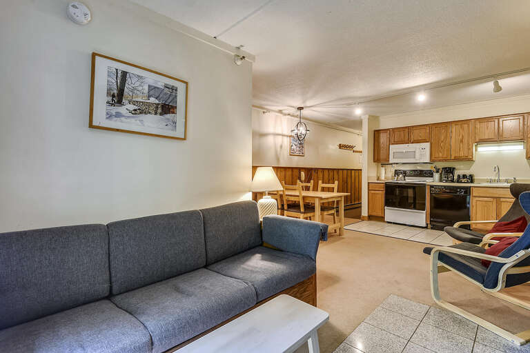 Living Area Leading To Kitchen In A Compact Vacation Rental