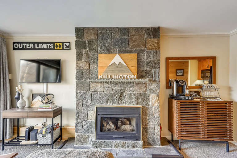 Stone Fireplace, Coffee Station, Skiing Sign In Living Space