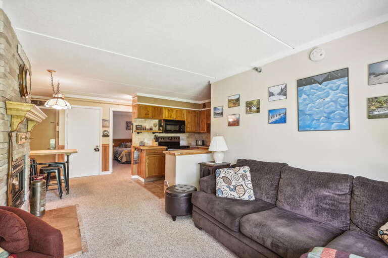 Interior Living Space Featuring Sofas, Paintings, And An Adjoining Kitchen