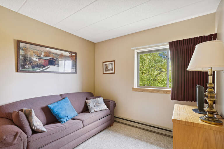 Simple Sitting Space With Soft Sofa, Scenic Painting, And Sizable Window Showing Greenery