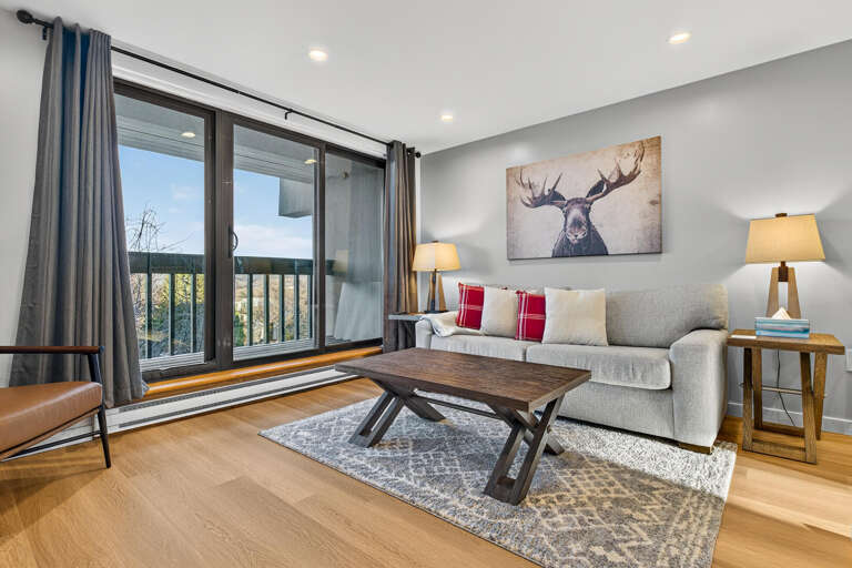Living Area With Sofa, Sliding Glass Door, And Deer Painting