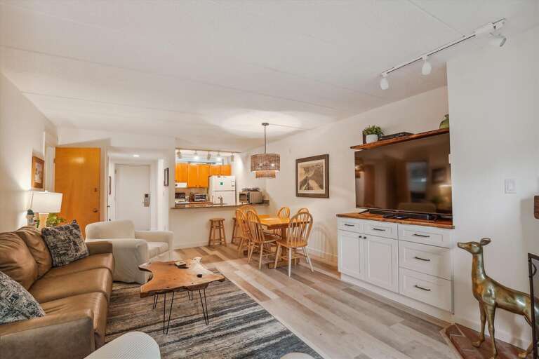 Brightly-lit Vacation Rental Living Room Leading To A Dining Area With Wooden Furniture