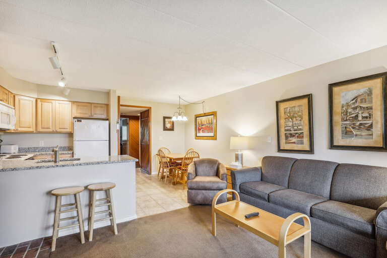 Spacious Living Space With Sleek Sofa And Simple Kitchen, Serene Seating