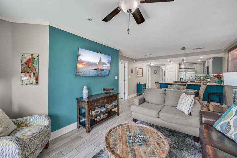 Beachy Vibes + Cable TV - Catch a movie, unwind,
or simply enjoy the breezy beach-inspired decor.