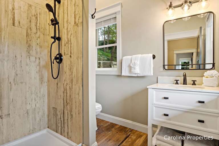 Lower-level bathroom with step-in shower