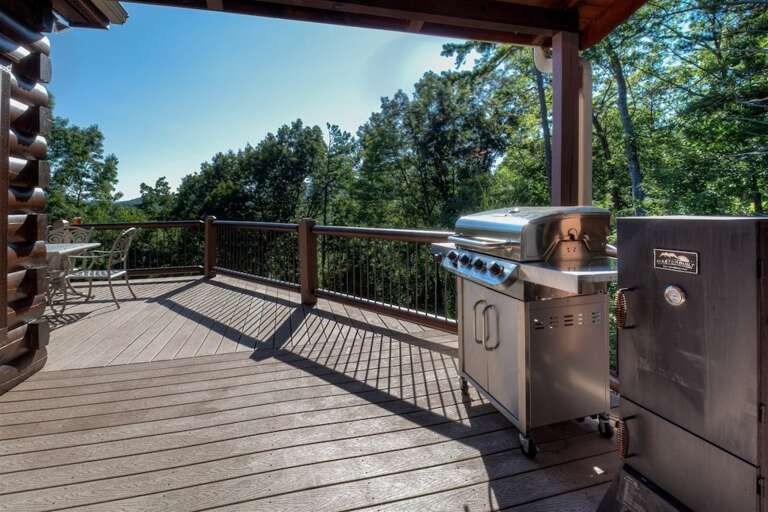 Gas grill and smoker on main level deck