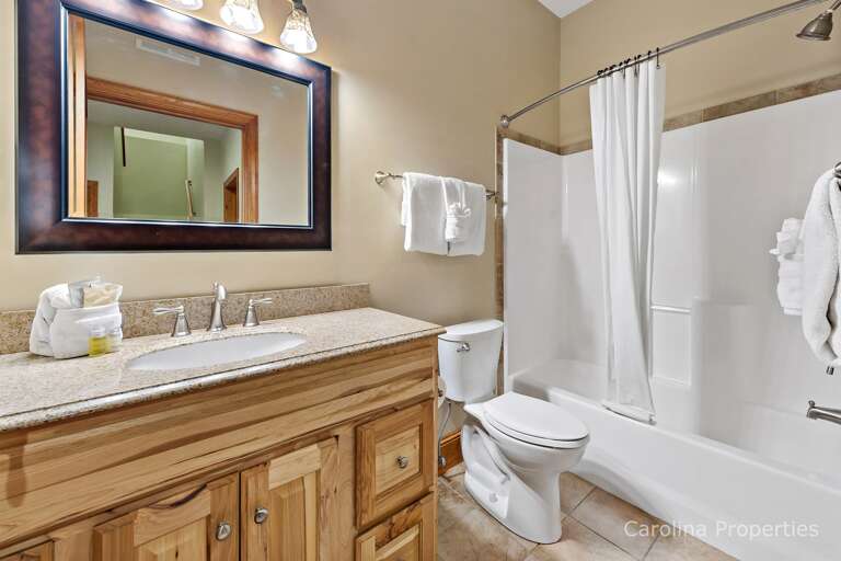 On the lower level is a full bath with a combination bathtub/shower On the lower level is a full bath with a combination bathtub/shower