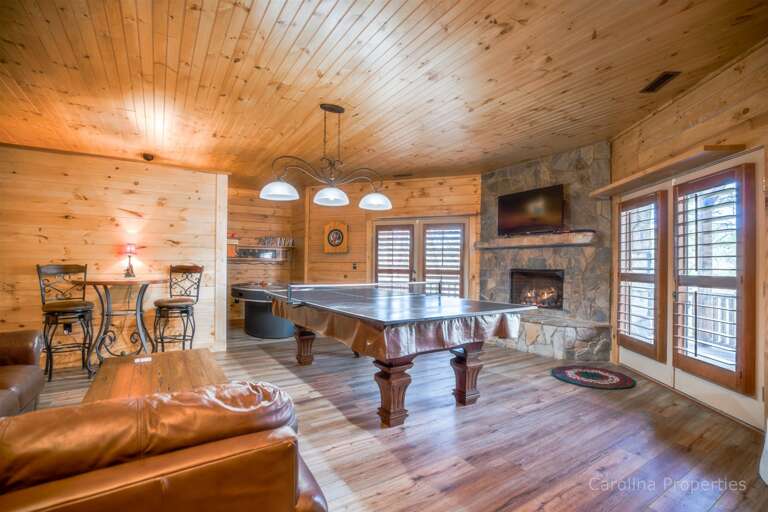 TV and seating in lower level family room