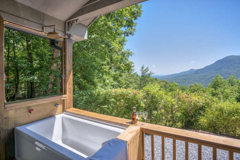 Beautiful mountain views while you soak in the outdoor tub