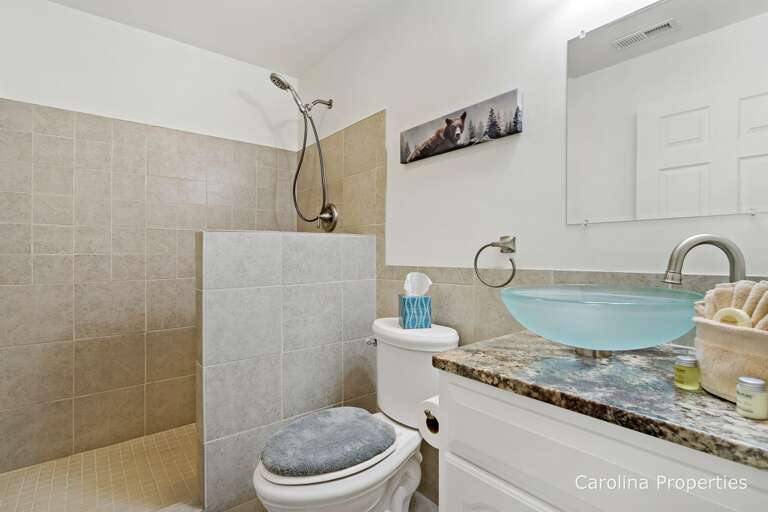 Full bathroom with walk in, open shower