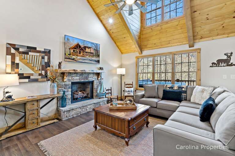 Gas log fireplace gives the room a cozy feel