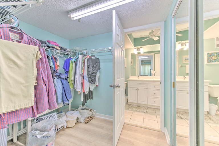 Pack light and unpack easy in your spacious walk-in closet, with ample hanging space and shelving to keep your vacation wardrobe organized.