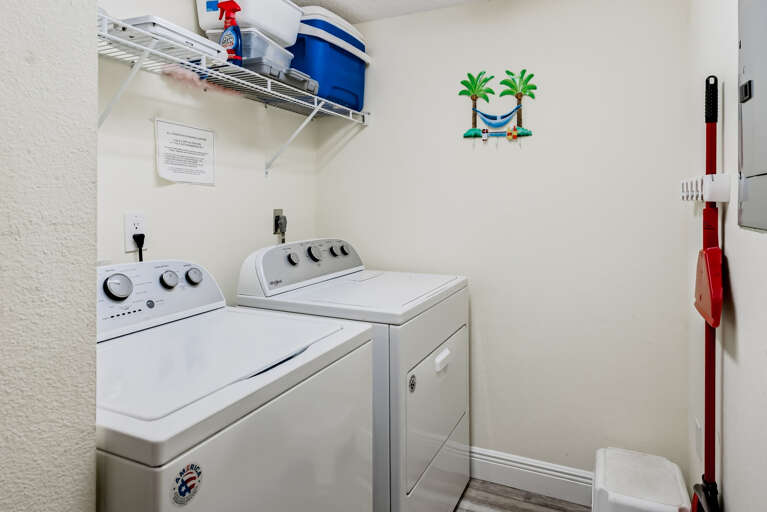 Your private laundry room makes extended stays effortless with full-size washer and dryer, plus cleaning supplies and storage.