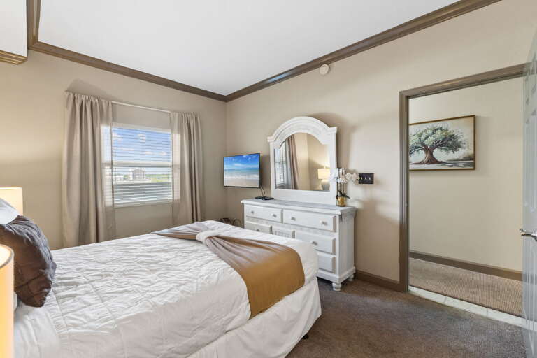 This bedroom has a TV & a window for more sunlight.