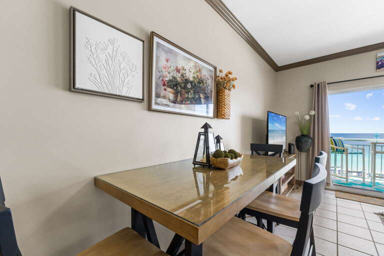 Dining table area for family meals with an awesome perk of the Gulf of Mexico being your scenery for dinner.