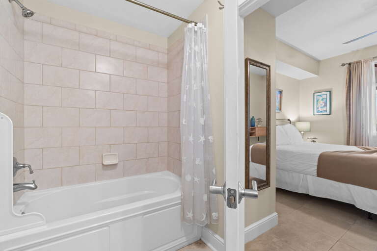 Features a shower/tub combo
