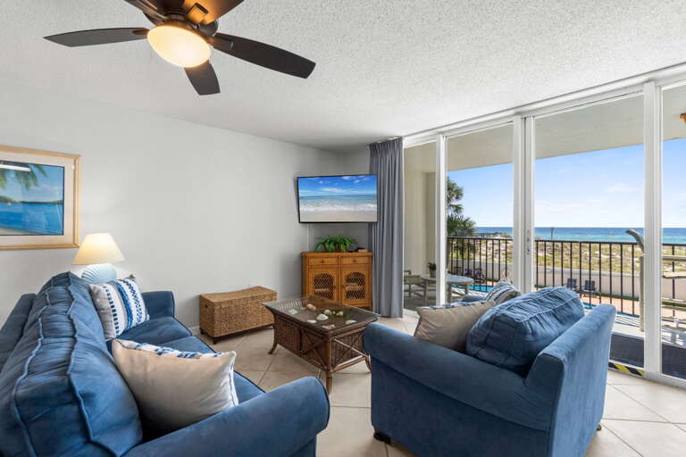 Great setup and lots of comfy seating in this 2 bedroom beach front condo! Sit back, relax and enjoy the gorgeous views!