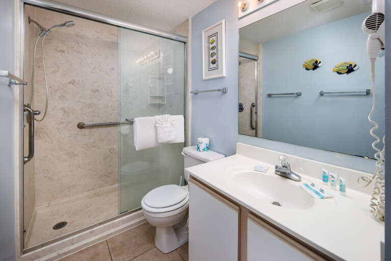 Just inside the door to the master bedroom, the master bath features a walk in shower and wall-mounted hair dryer.
