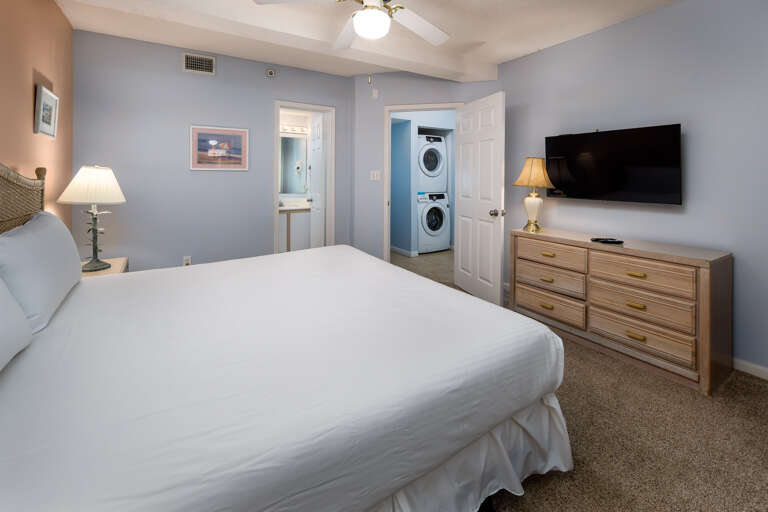 King size bed and a smart TV, with private bathroom.