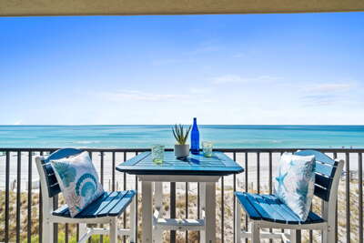 Get an amazing, up-close, beachfront view from the balcony of this unit! Enjoy the sights from sunrise to sunset in this barista table & chair set! The balcony can be accessed from the living area and the master bedroom.