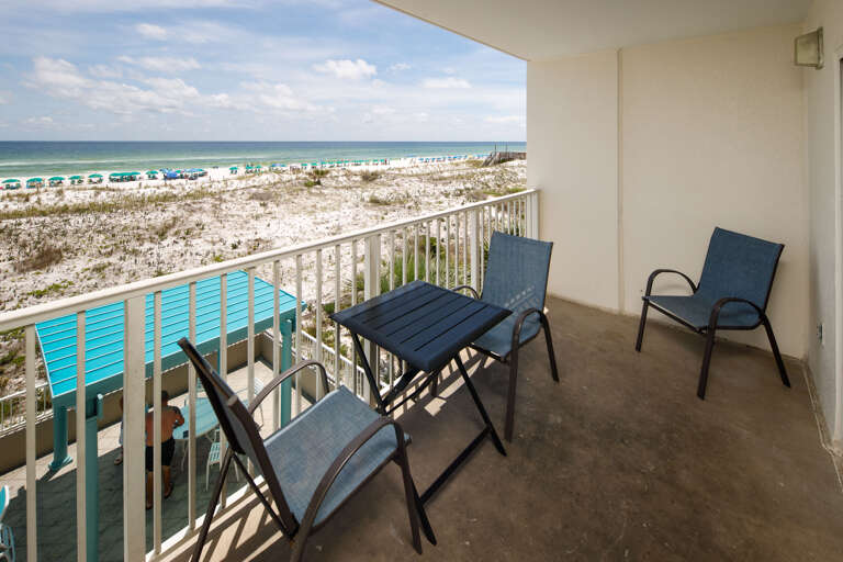 Quiet private balcony with seating for 4