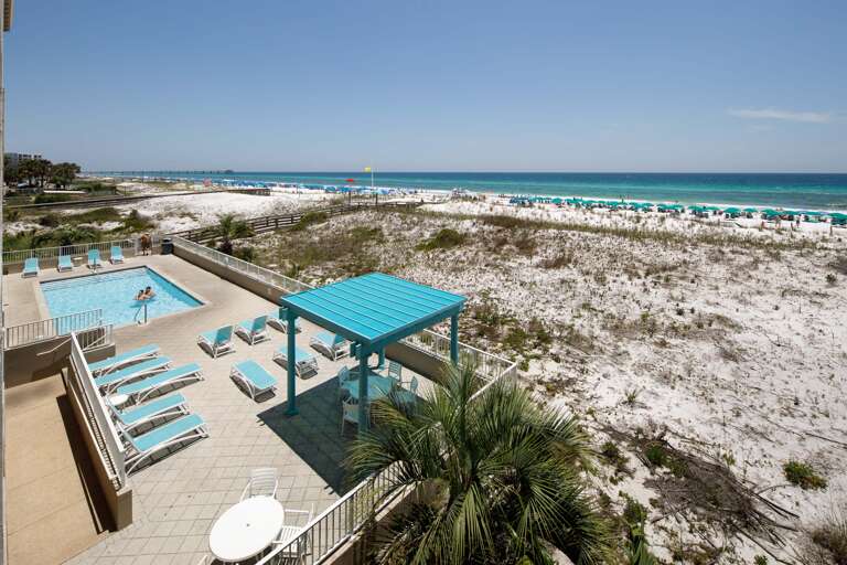A great view of the pool and the expanses of the Gulf of Mexico are quite a treat on your beach side private balcony.