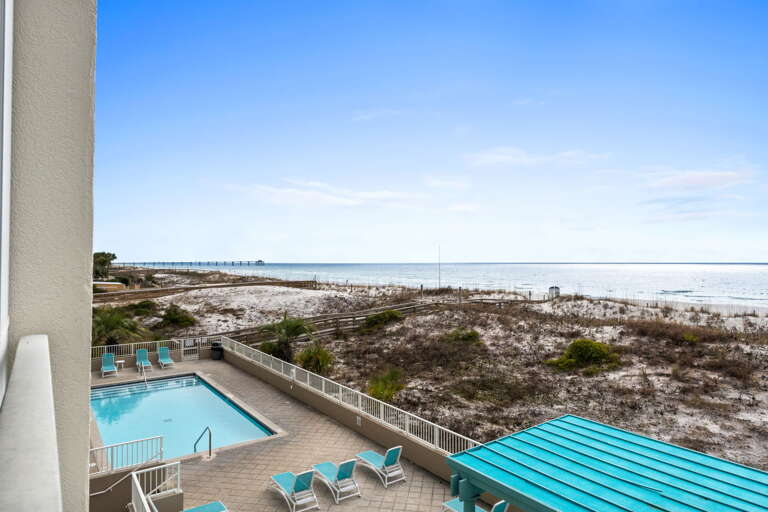 A great view of the pool and the expanses of the Gulf of Mexico are quite a treat on your beach side private balcony.